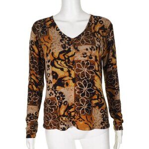Joseph A Top Womens Large Sweater Silk Blend Brown Multi Colored V Neck Stretch